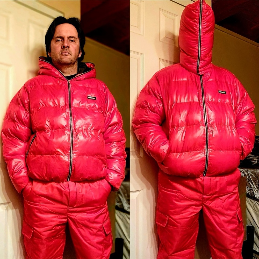 Men's Red Puffer Jacket. Slick shiny nylon. Super squishy